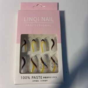 LINQI NAIL Professional Yellow and Brown Swirl Press-On Nails